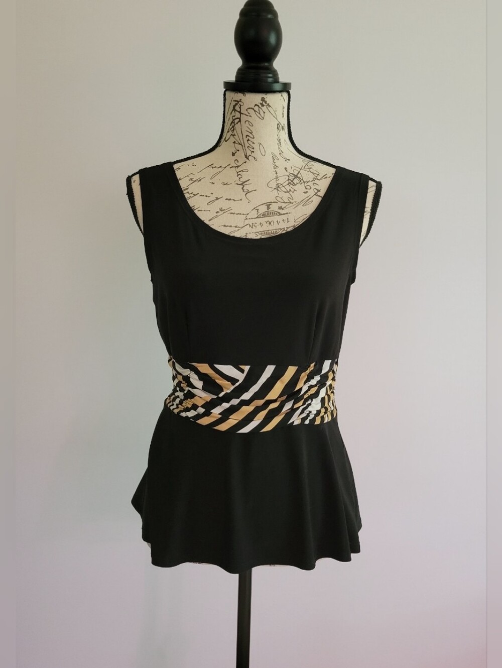 Vintage Sleeveless Black Peplum Top with Cream and Tan Striped Waist